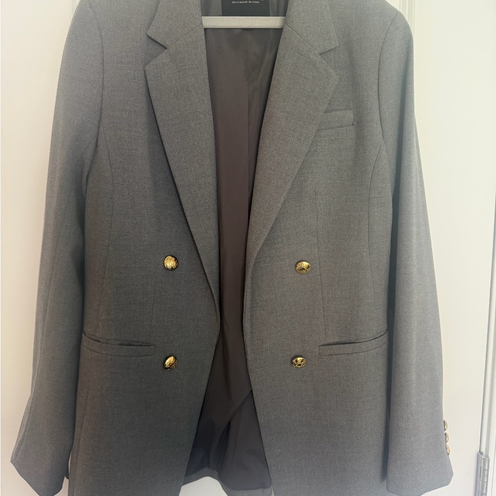 Banana Republic Gray Double-Breasted Boyfriend Blazer with Gold Buttons